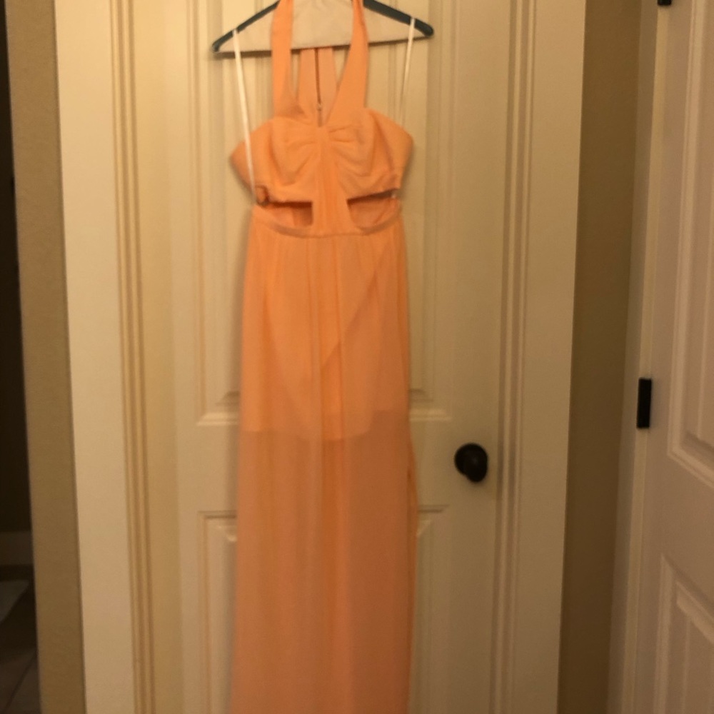 BCBGeneration side cut out halter dress, EUC, floor length, coral orange size 2